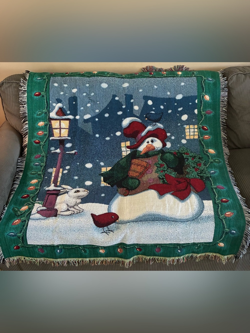 Vintage Tapestry Christmas Snowman Holiday Throw Blanket Bunny Tassels Bird